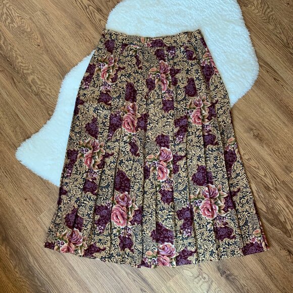 Vintage High Waisted Rose Floral Pleated Midi Skirt, Sz Small - Picture 5 of 9